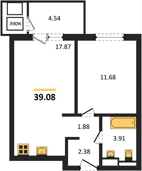 Квартира 1-комн. 39.08 кв. м