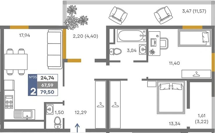 Квартира 2-комн. 67.59 кв. м