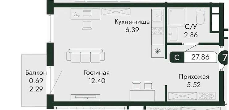Квартира Студия 27.86 кв. м