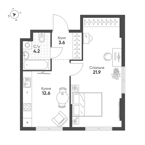 Квартира 1-комн. 42.3 кв. м