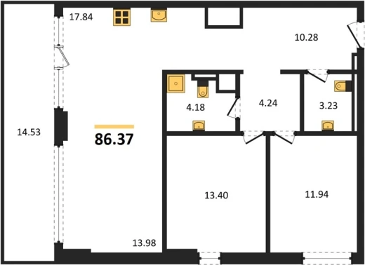 Квартира 3-комн. 86.37 кв. м