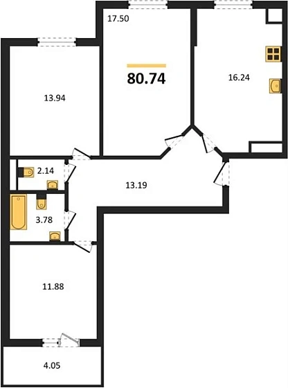 Квартира 3-комн. 80.74 кв. м
