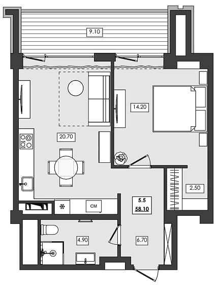 Апартаменты 2-комн. 58.1 кв. м