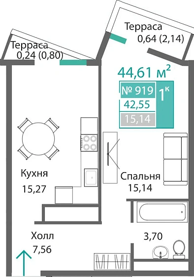 Квартира 1-комн. 42.55 кв.м