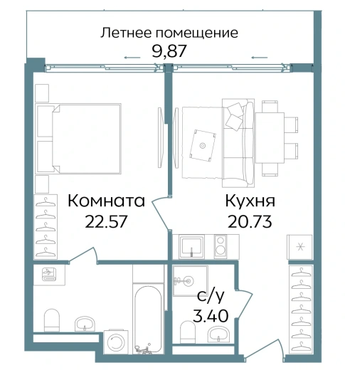 Апартаменты 2-комн. 56.57 кв. м