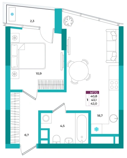Квартира 1-комн. 42 кв.м