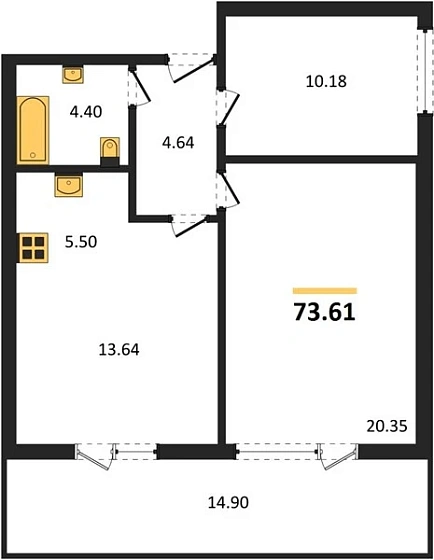 Квартира 2-комн. 73.61 кв. м
