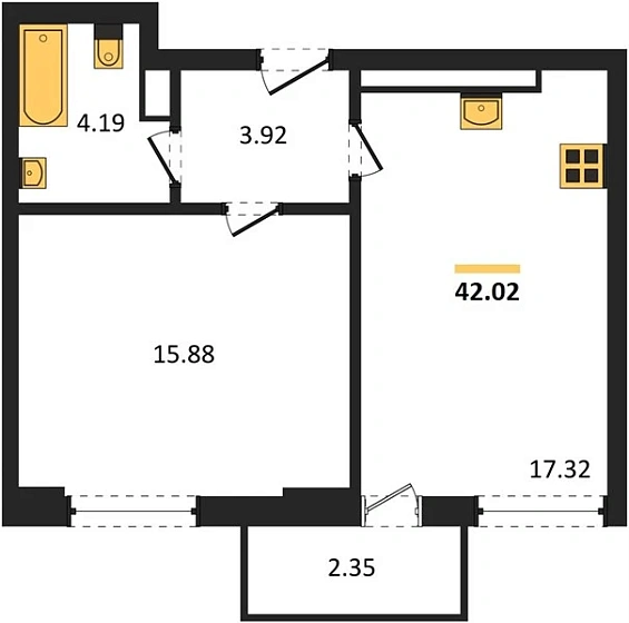 Квартира 1-комн. 42.02 кв. м