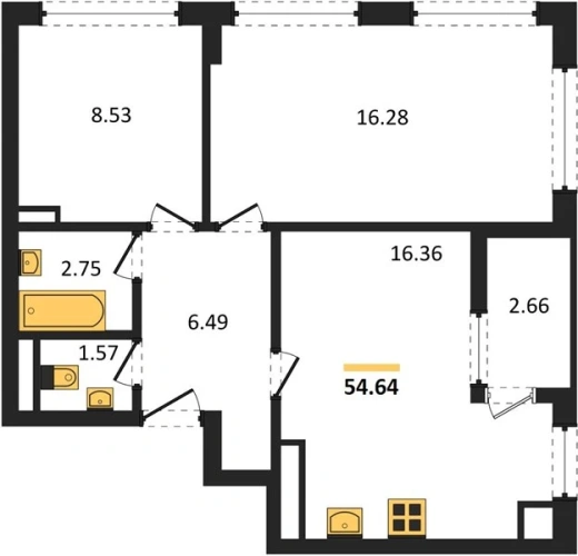 Квартира 2-комн. 54.64 кв. м