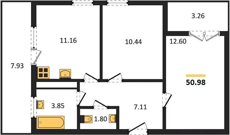 Квартира 2-комн. 50.98 кв. м