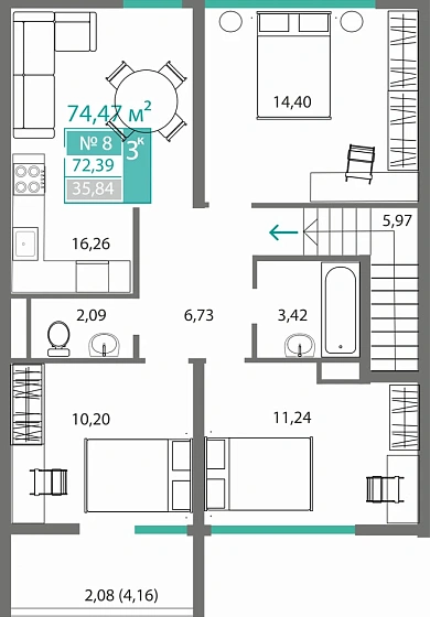 Квартира 3-комн. 72.39 кв.м