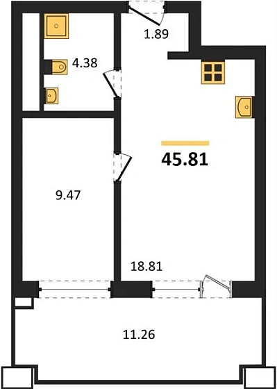 Апартаменты 1-комн. 45.81 кв. м