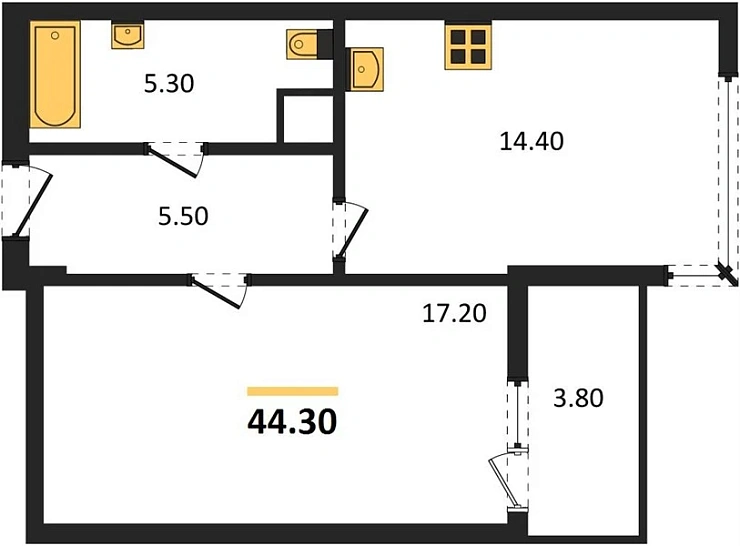 Квартира 1-комн. 44.3 кв. м
