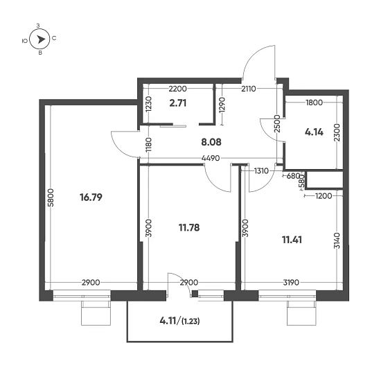 Квартира 2-комн. 56.14 кв. м