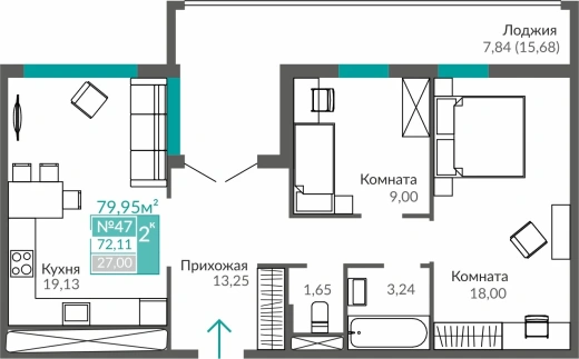 Квартира 2-комн. 72.11 кв.м
