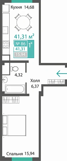 Квартира 1-комн. 41.31 кв.м