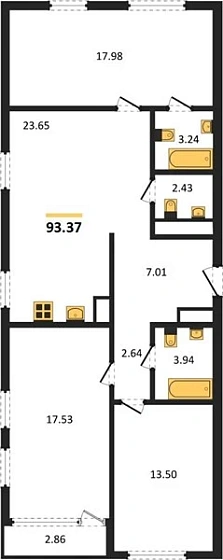 Квартира 3-комн. 93.37 кв. м