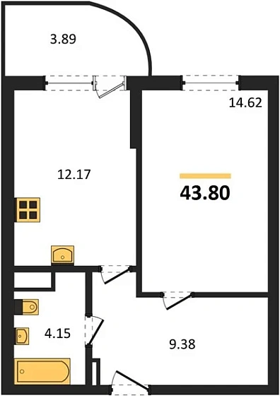 Апартаменты 1-комн. 43.8 кв. м