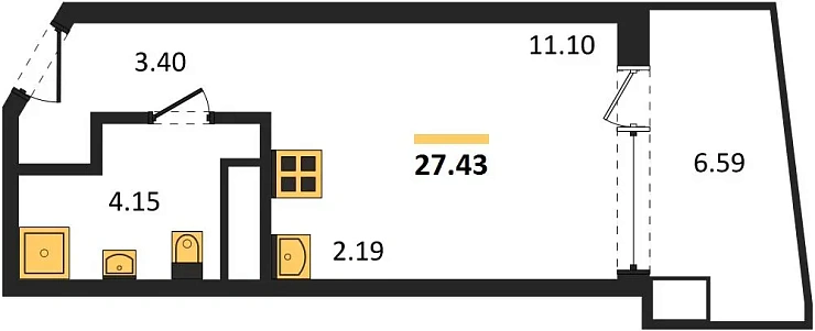 Апартаменты Студия 27.43 кв. м