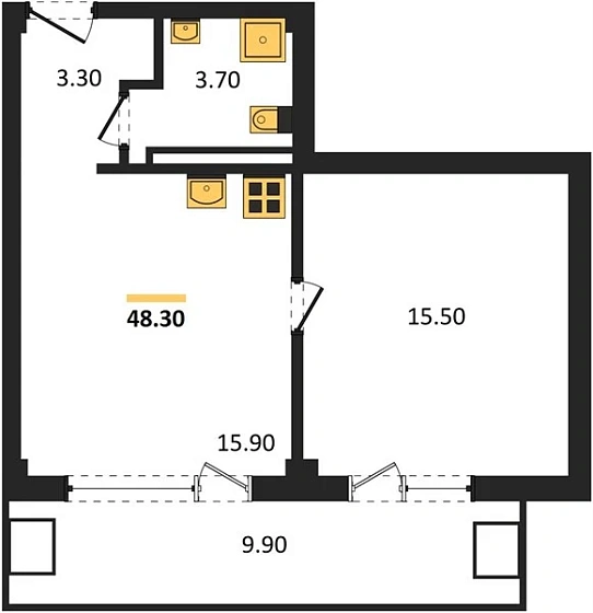 Апартаменты 1-комн. 48.3 кв. м