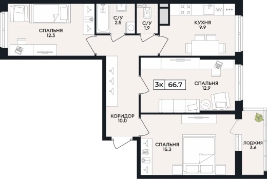 Квартира 3-комн. 66.7 кв. м