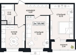 Квартира 2-комн. 55.95 кв. м