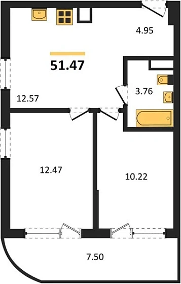 Апартаменты 2-комн. 51.47 кв. м