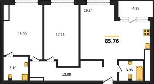 Квартира 2-комн. 85.76 кв. м