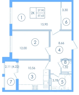 Квартира 2-комн. 53.5 кв. м