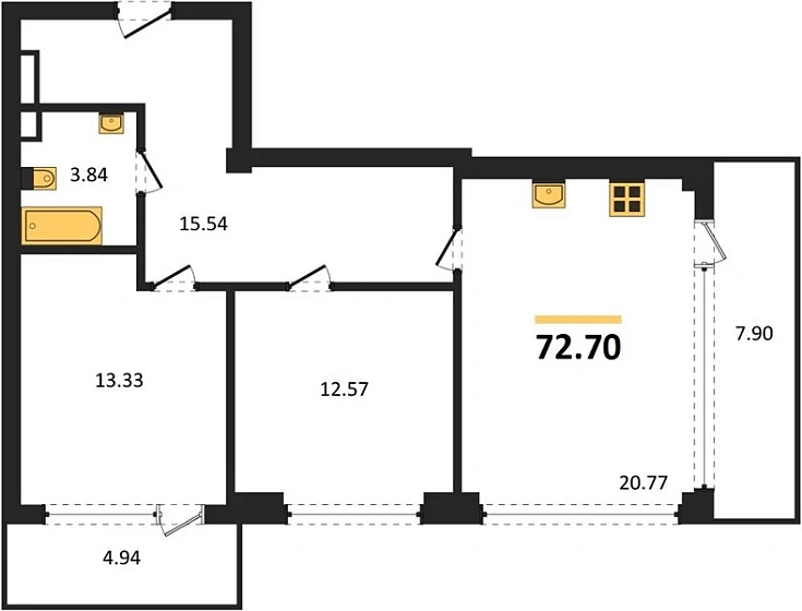 Квартира 2-комн. 72.7 кв. м