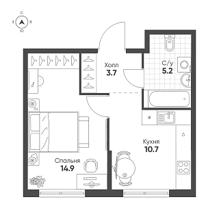 Квартира 1-комн. 34.5 кв. м