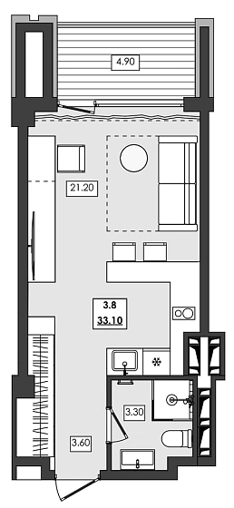 Апартаменты 1-комн. 33.1 кв. м