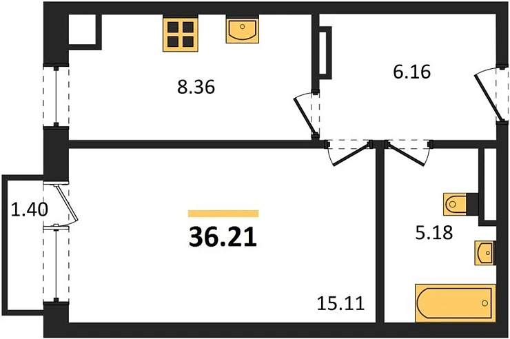 Квартира 1-комн. 36.21 кв. м