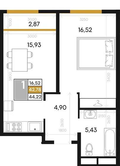 Квартира 1-комн. 44.22 кв. м