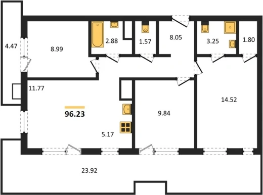Апартаменты 3-комн. 96.23 кв. м