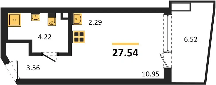 Апартаменты 1-комн. 27.54 кв. м