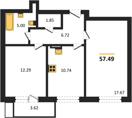 Квартира 2-комн. 57.49 кв. м