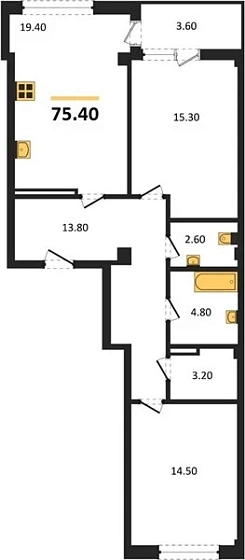 Квартира 2-комн. 74.3 кв. м