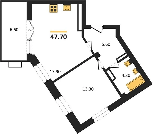 Квартира 1-комн. 47.7 кв. м