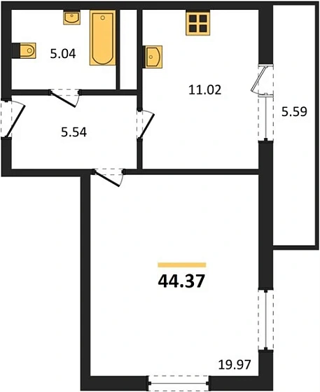 Квартира 1-комн. 44.37 кв. м