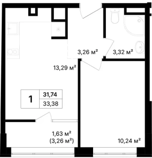Квартира 1-комн. 33.38 кв. м