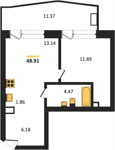 Апартаменты 1-комн. 48.91 кв. м