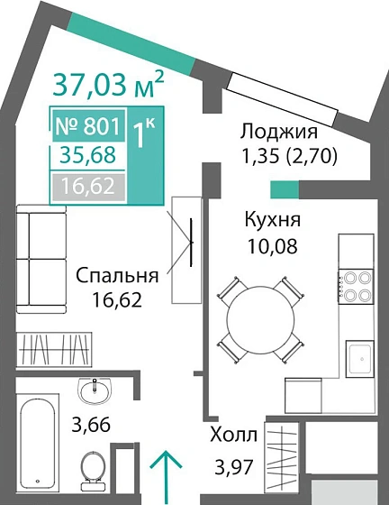 Квартира 1-комн. 35.68 кв.м
