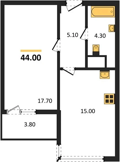 Квартира 1-комн. 44 кв. м
