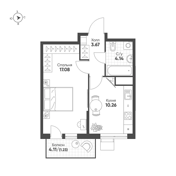 Квартира 1-комн. 36.5 кв. м