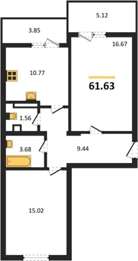 Квартира 2-комн. 61.63 кв. м