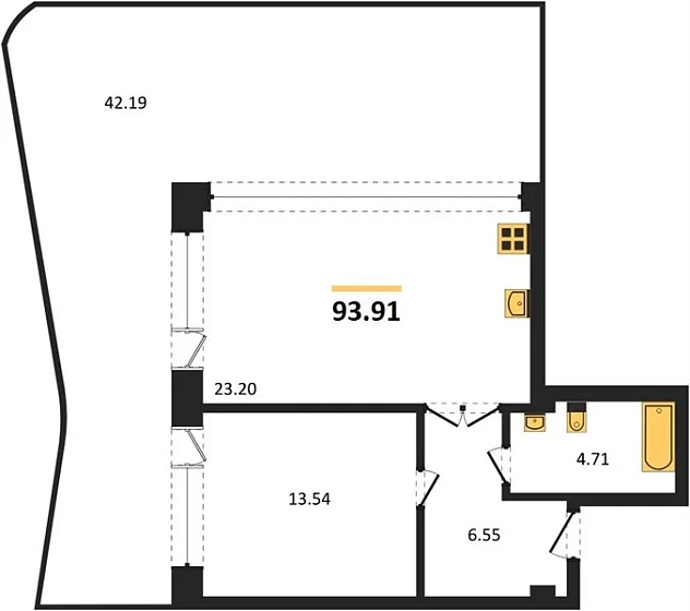 Апартаменты 1-комн. 93.91 кв. м