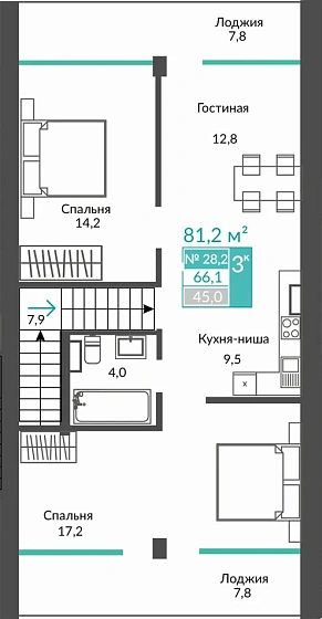 Апартаменты 3-комн. 81.2 кв.м