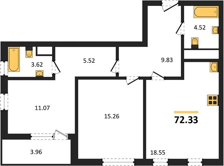 Квартира 2-комн. 72.33 кв. м