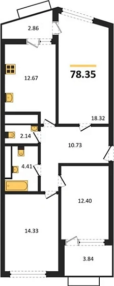 Квартира 3-комн. 78.35 кв. м